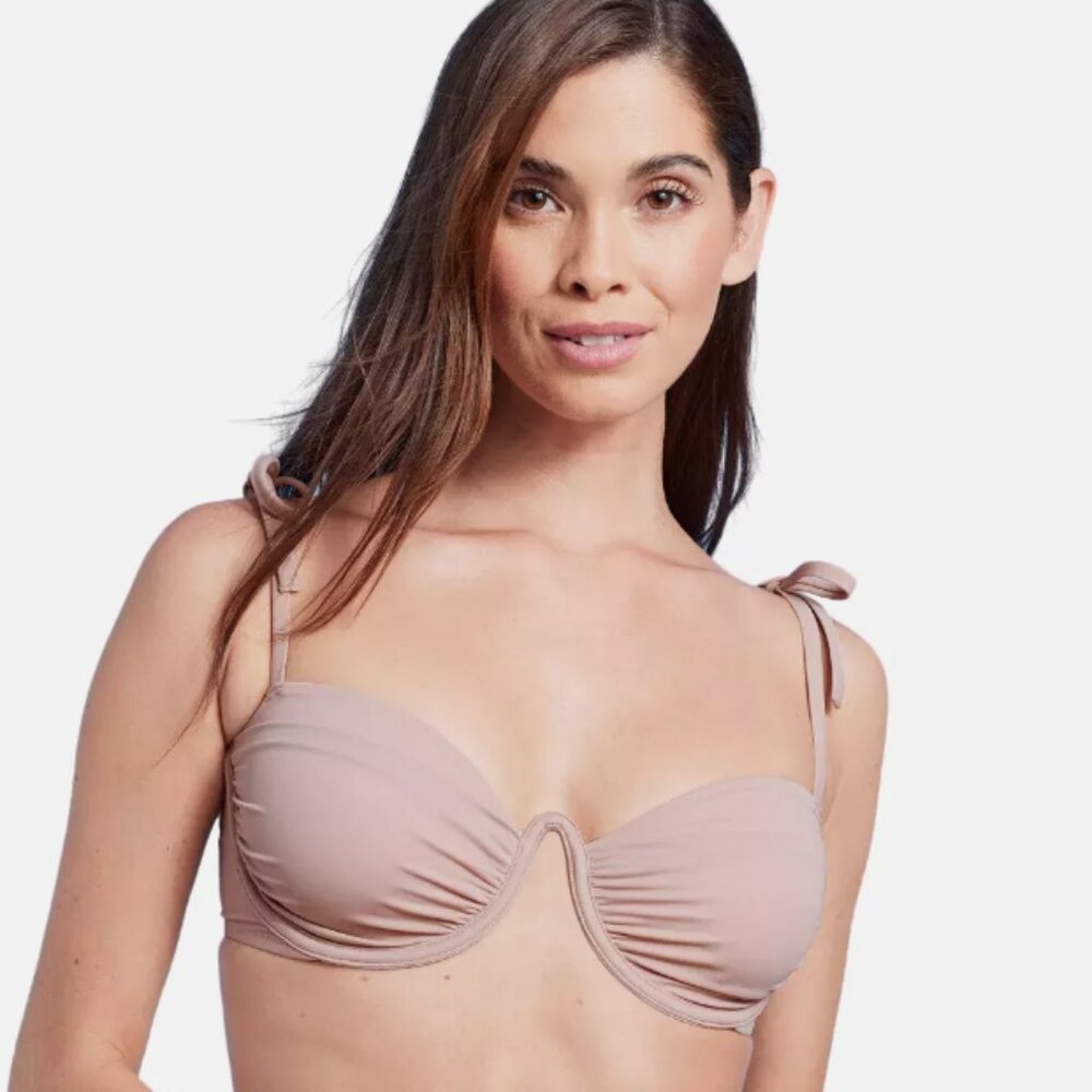 NWT Women's Shoulder Tie Shirred Underwire Bikini Top  Shade & Shore Light Brown